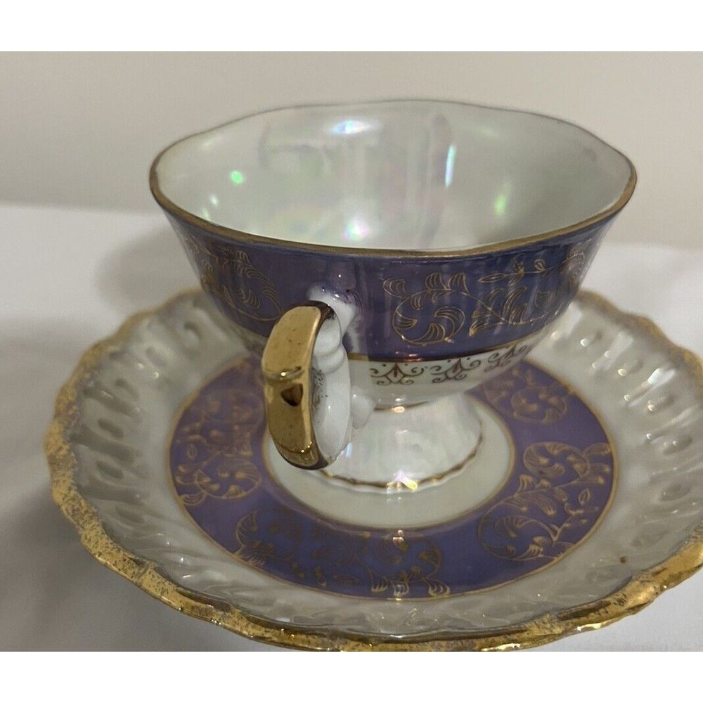 Vintage KPM Japan Lusterware Periwinkle Footed Tea Cup and‎ Saucer Luminous - Picture 3 of 7